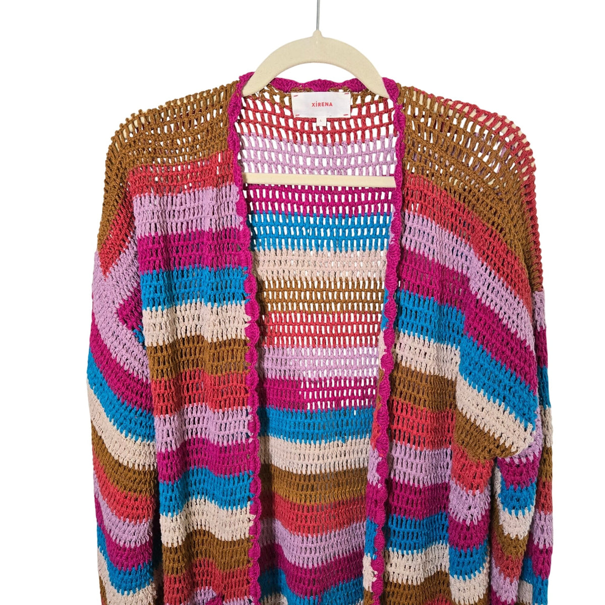 Xirena Carsyn Crocheted Rainbow Stripe Longline Open Cardigan Sweater Size Large