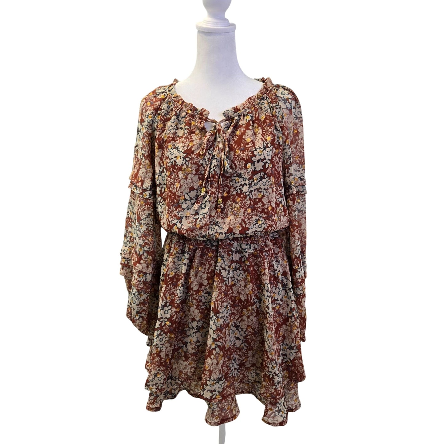Fate Floral Metallic Ruffle Sleeve Boho Mini Dress Size XS