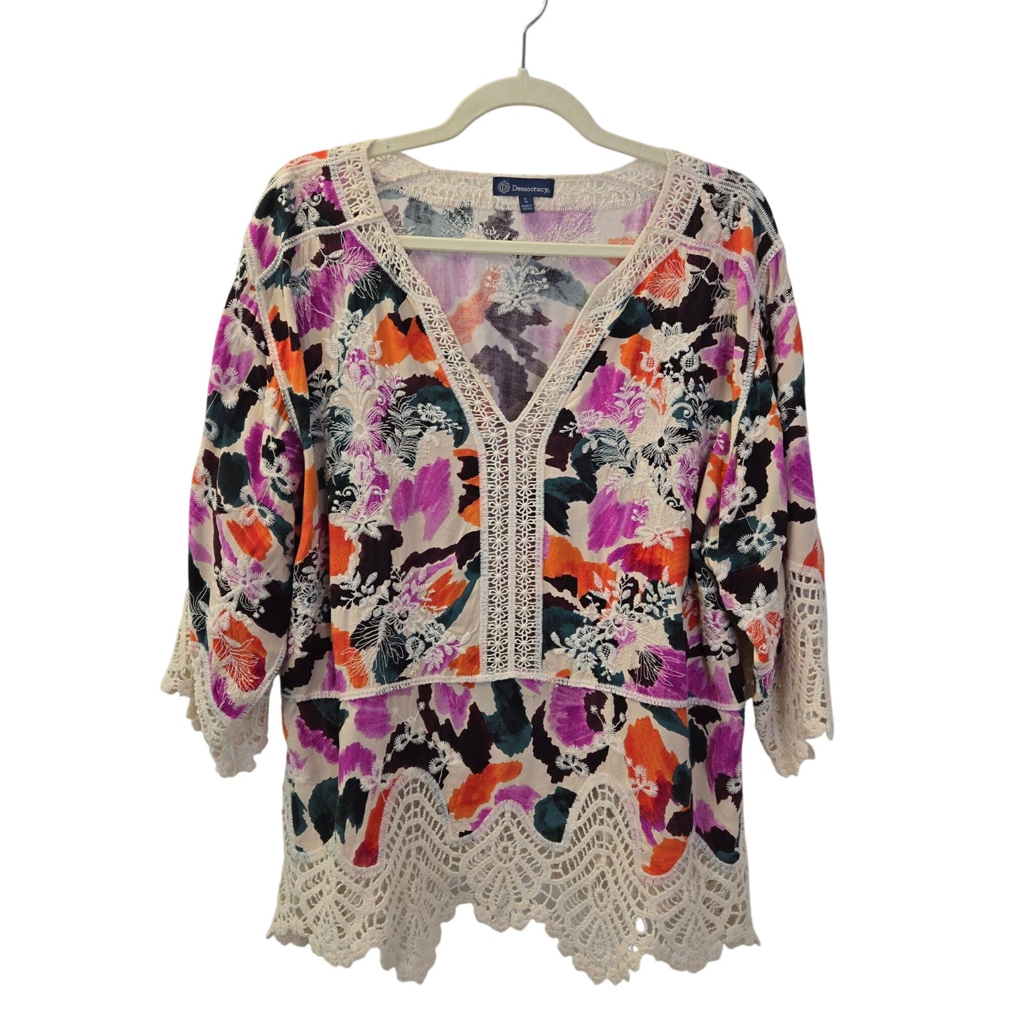 Democracy 100% Rayon Floral Crochet Accent Boho Top Size Large
