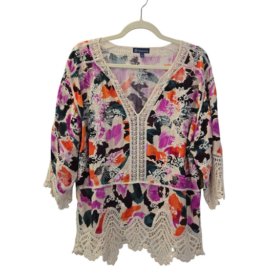 Democracy 100% Rayon Floral Crochet Accent Boho Top Size Large