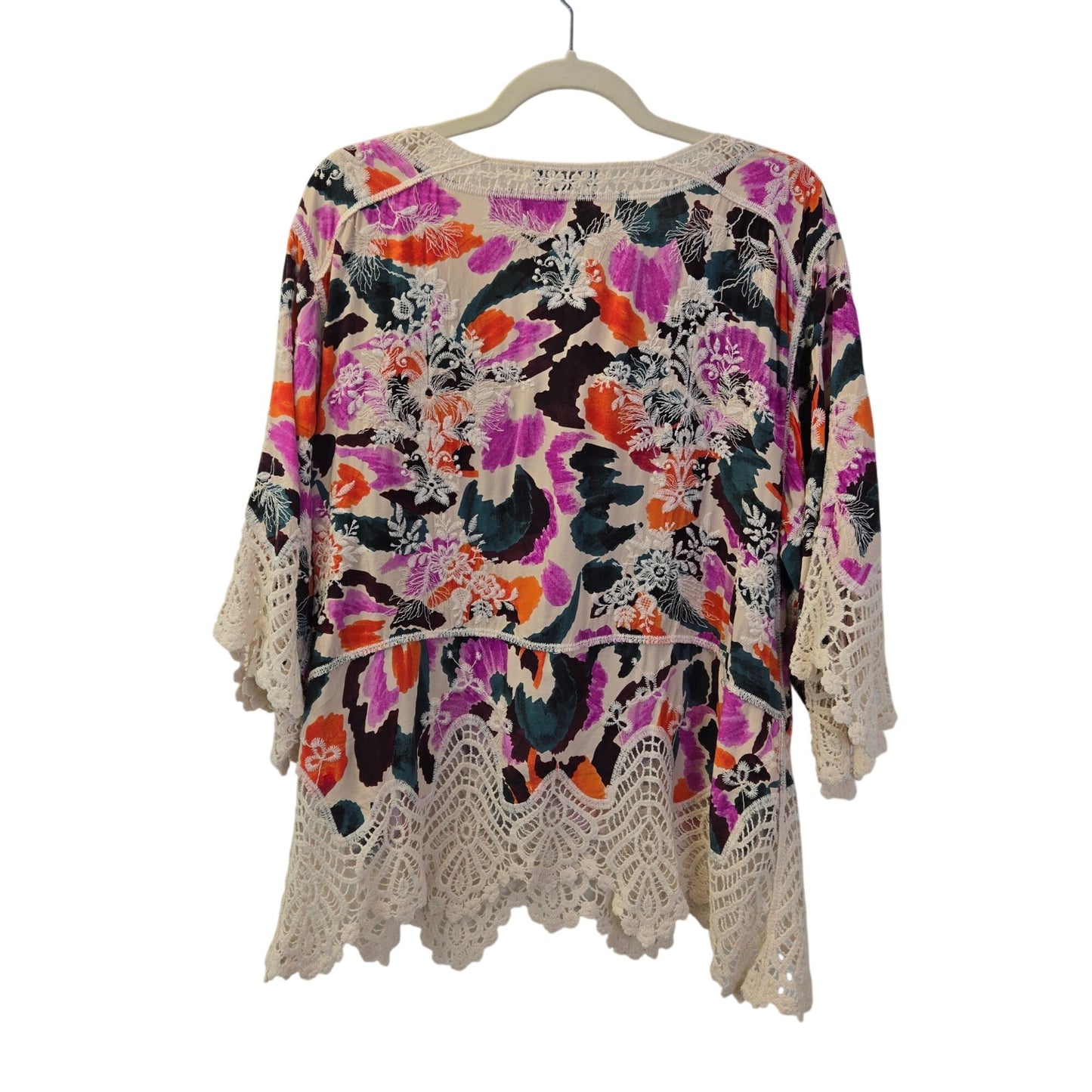 Democracy 100% Rayon Floral Crochet Accent Boho Top Size Large