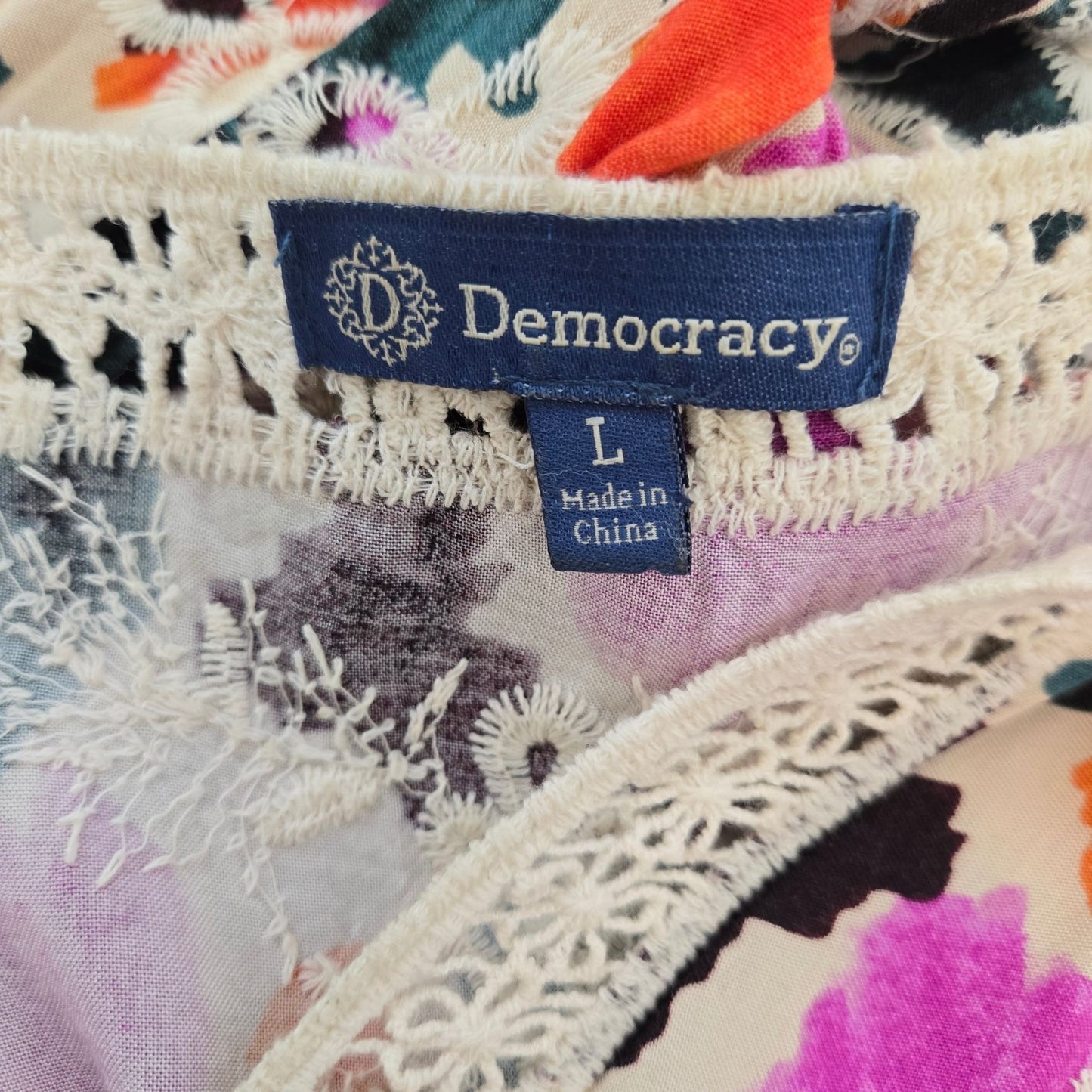 Democracy 100% Rayon Floral Crochet Accent Boho Top Size Large