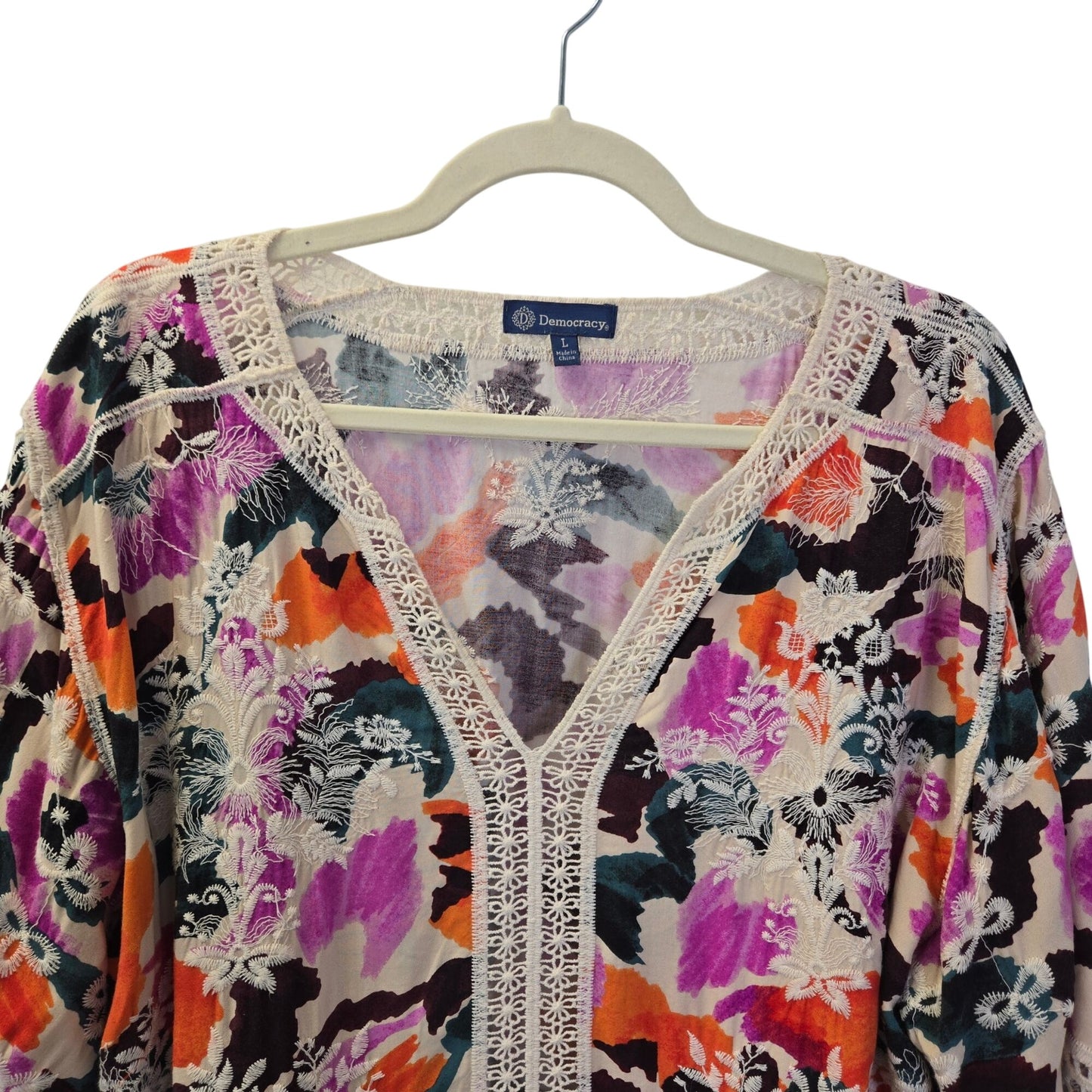 Democracy 100% Rayon Floral Crochet Accent Boho Top Size Large