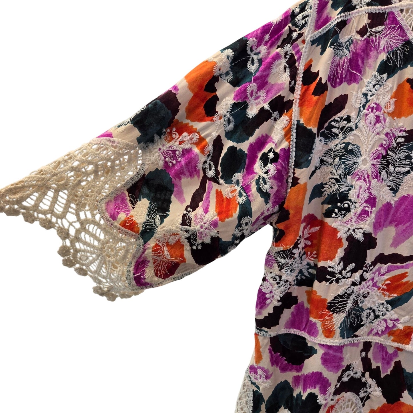 Democracy 100% Rayon Floral Crochet Accent Boho Top Size Large