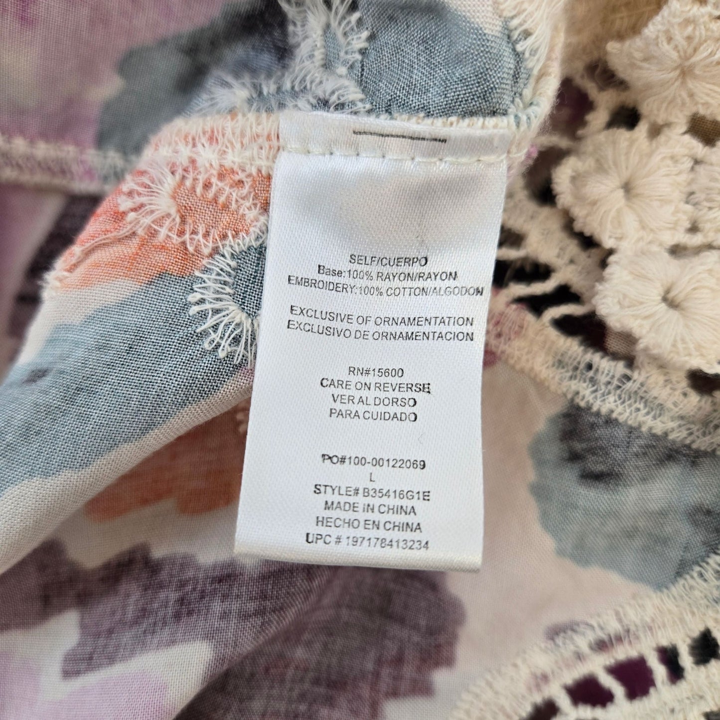 Democracy 100% Rayon Floral Crochet Accent Boho Top Size Large