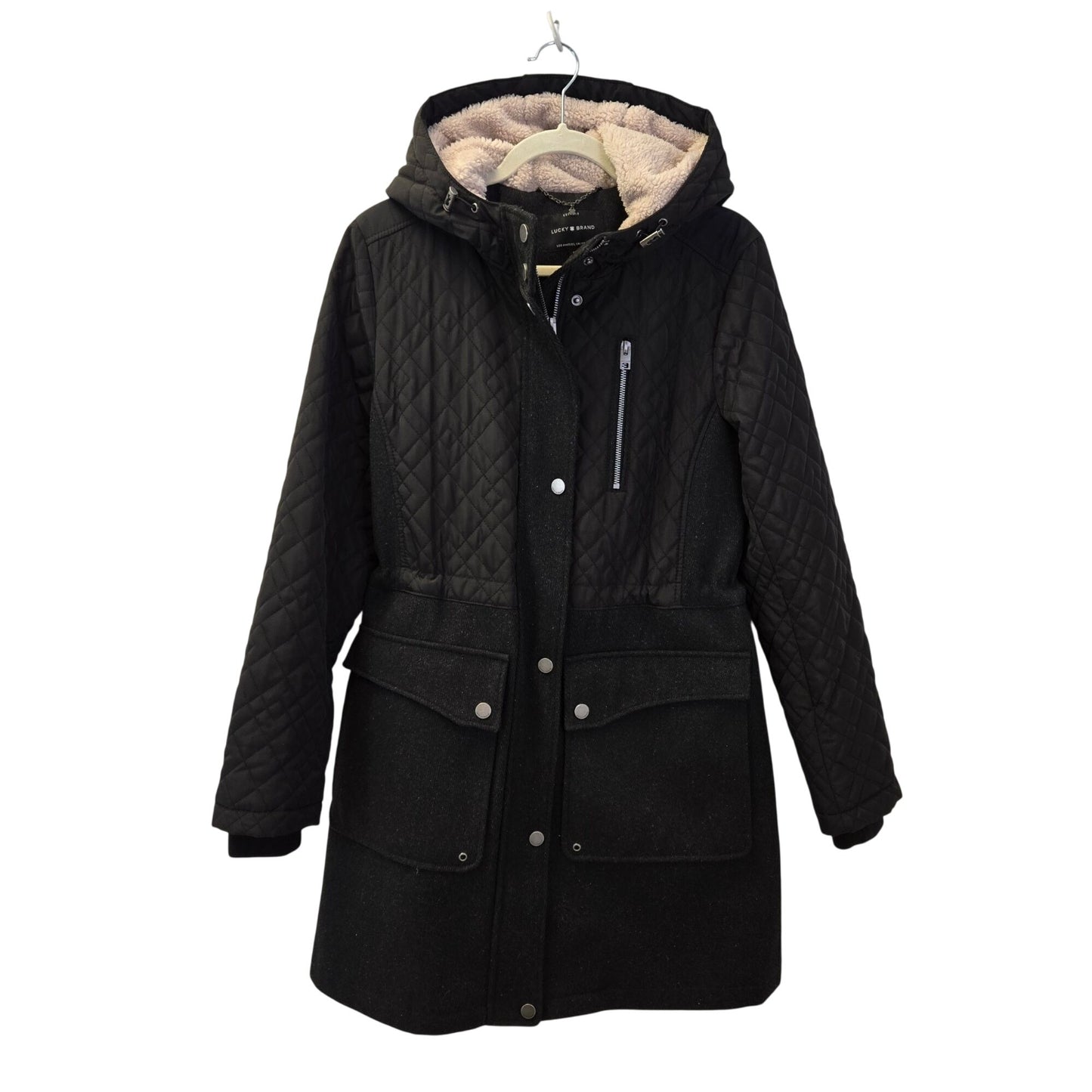 Lucky Brand Mixed Media Wool Blend Quilted Hooded Coat Size Medium