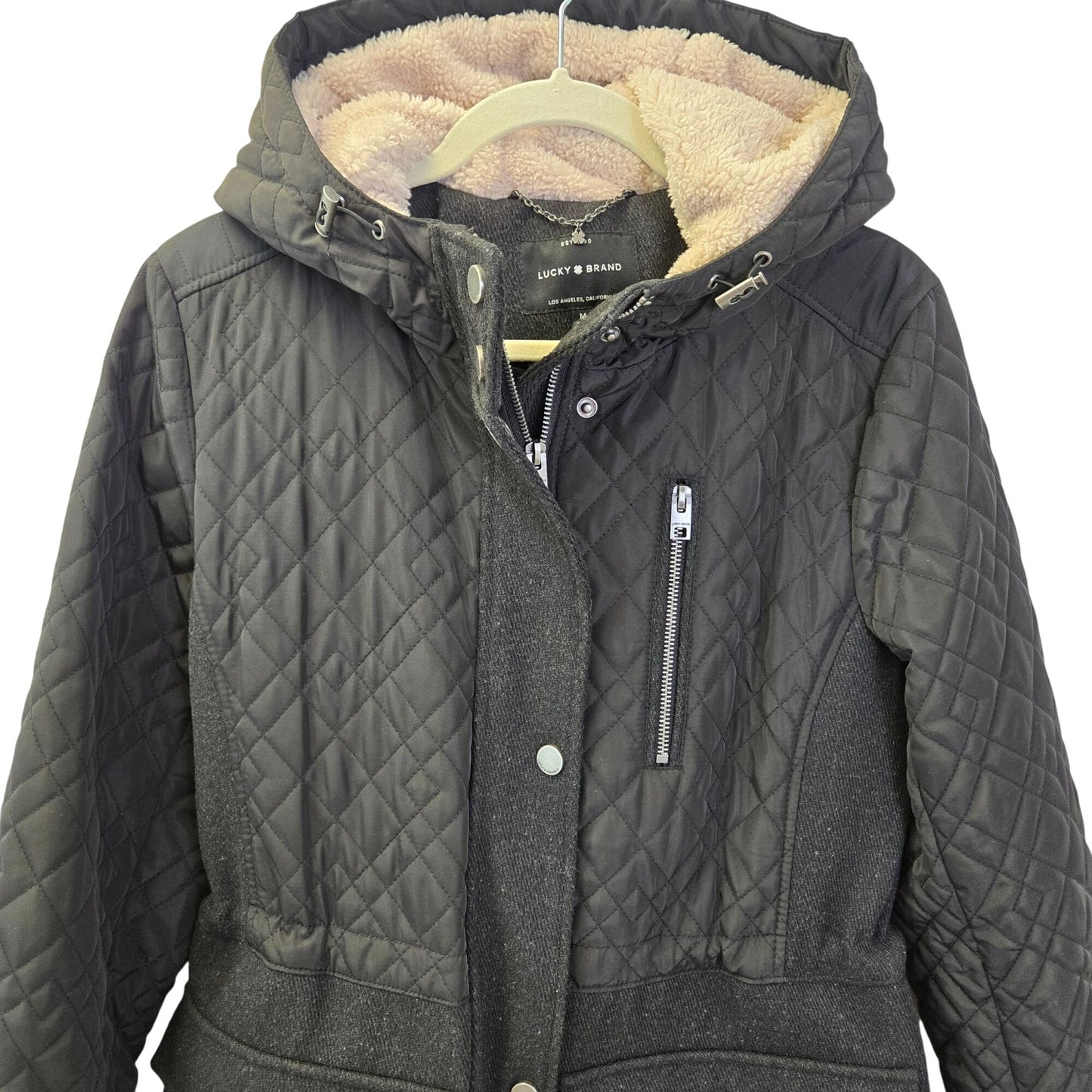 Lucky Brand Mixed Media Wool Blend Quilted Hooded Coat Size Medium