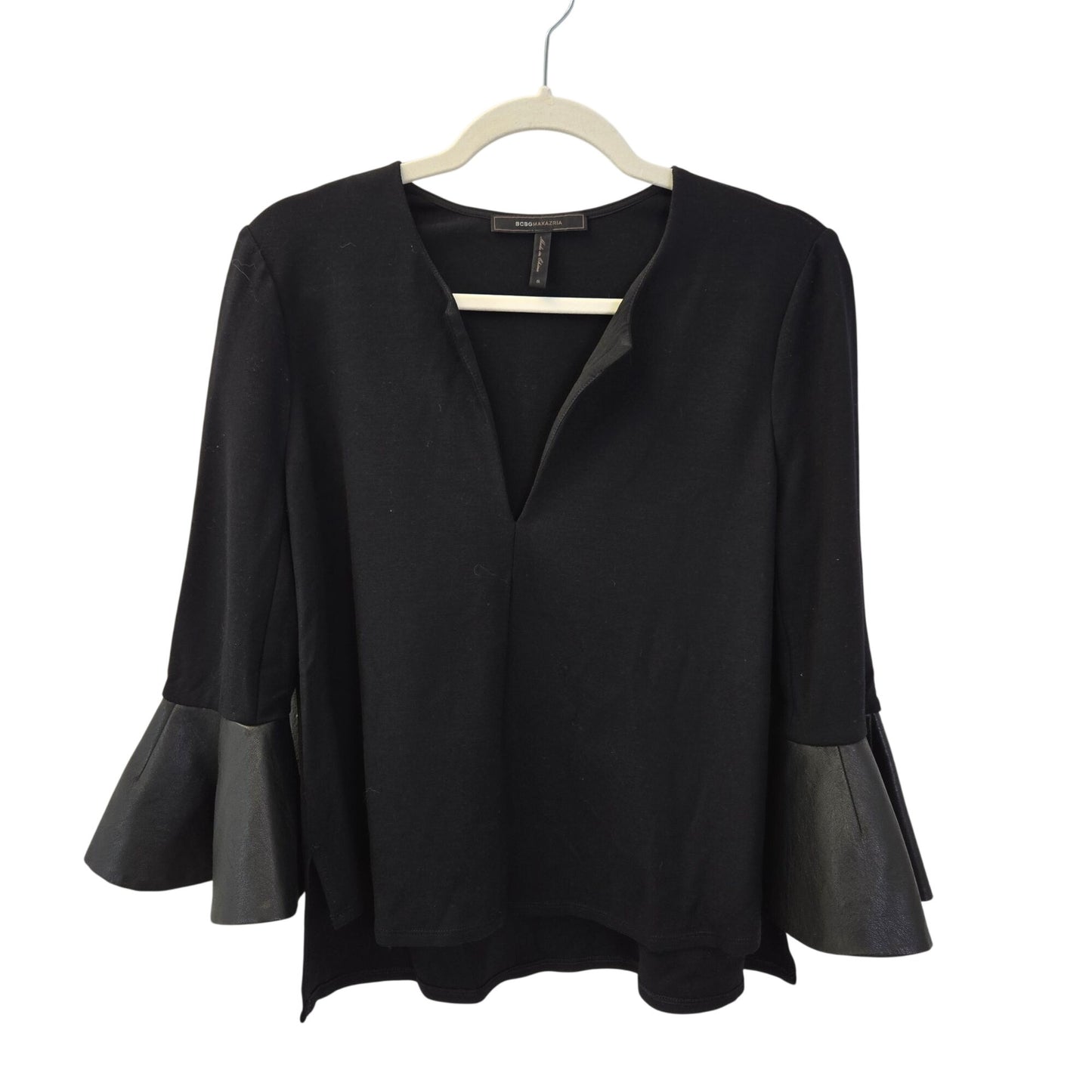 BCBGMaxAzria Vegan Leather Trim Bell Sleeve Boho Top Size Small