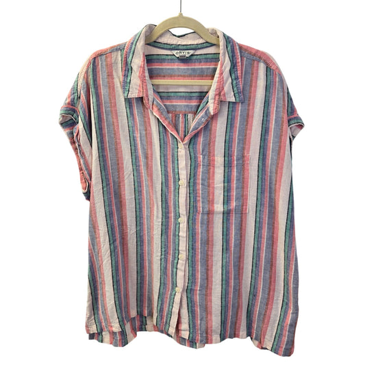 Orvis Striped Linen Blend Cap Sleeve Button Down Shirt Size XL