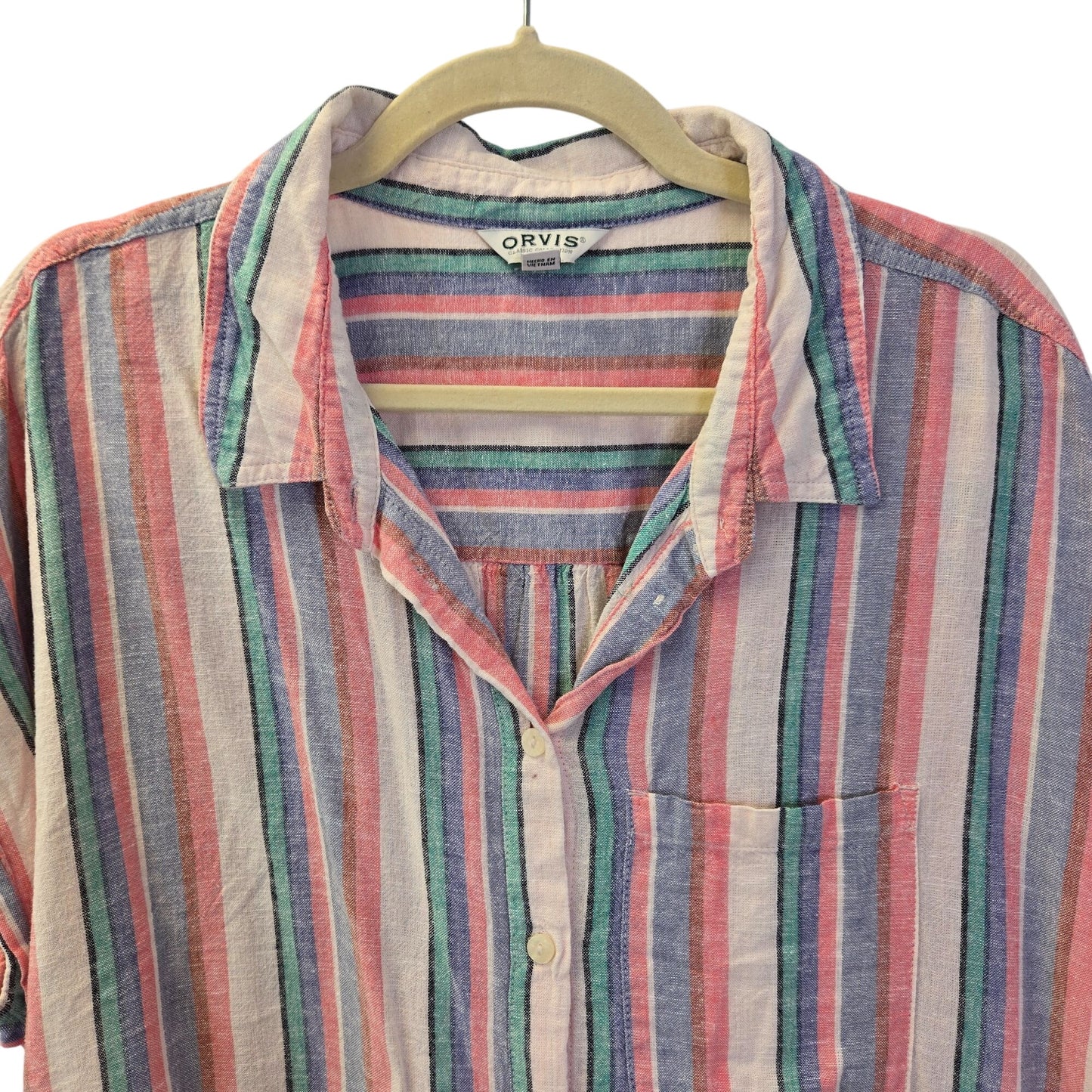 Orvis Striped Linen Blend Cap Sleeve Button Down Shirt Size XL