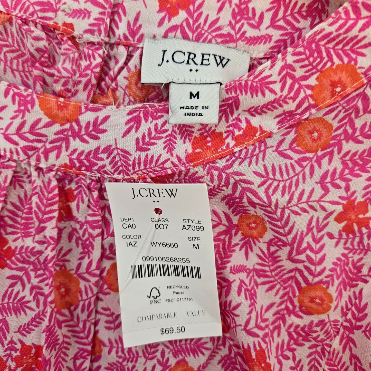 NWT J. Crew Factory Floral Printed Puff Sleeve Pintuck Top Size Medium