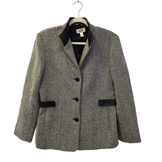Talbots 100% VTG Wool Herringbone Three Button Blazer w/Leather Trim Size 10