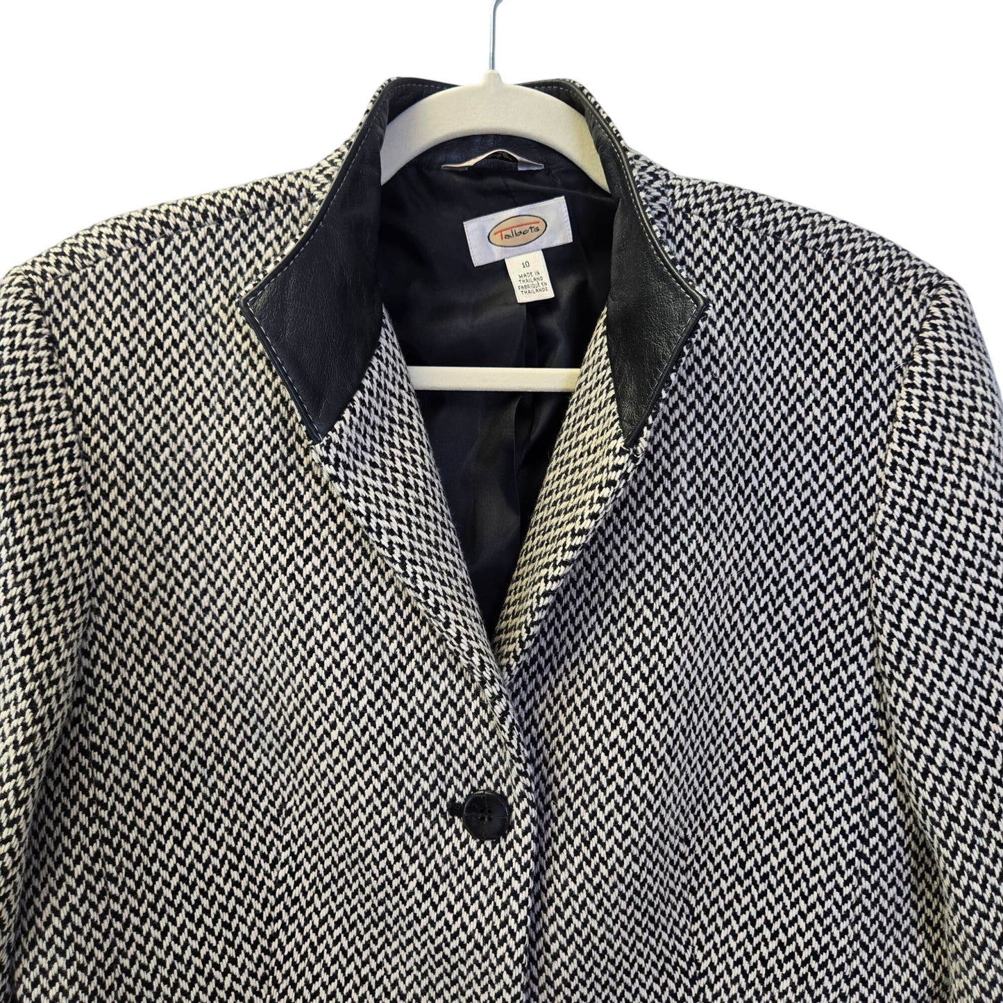 Talbots 100% VTG Wool Herringbone Three Button Blazer w/Leather Trim Size 10