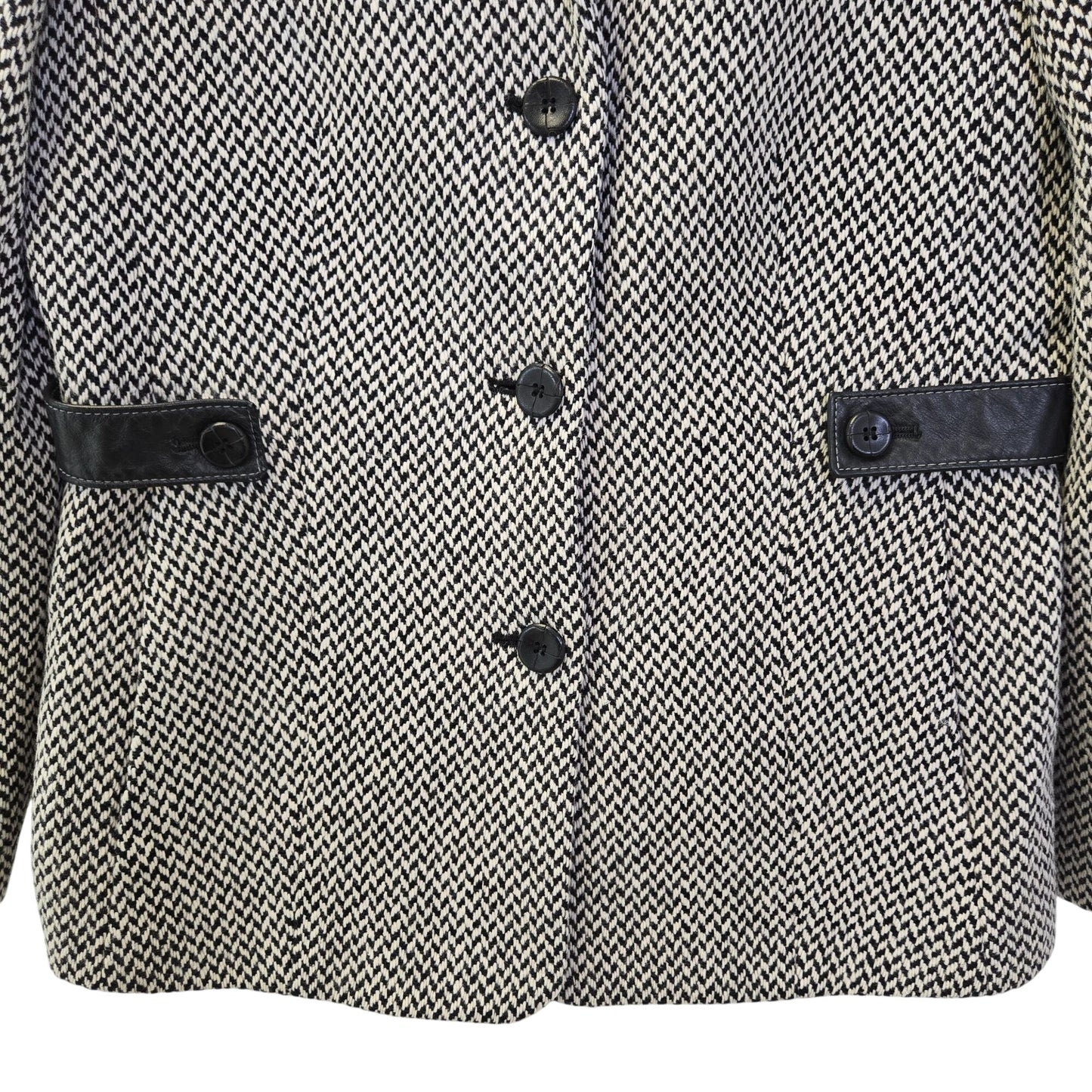 Talbots 100% VTG Wool Herringbone Three Button Blazer w/Leather Trim Size 10