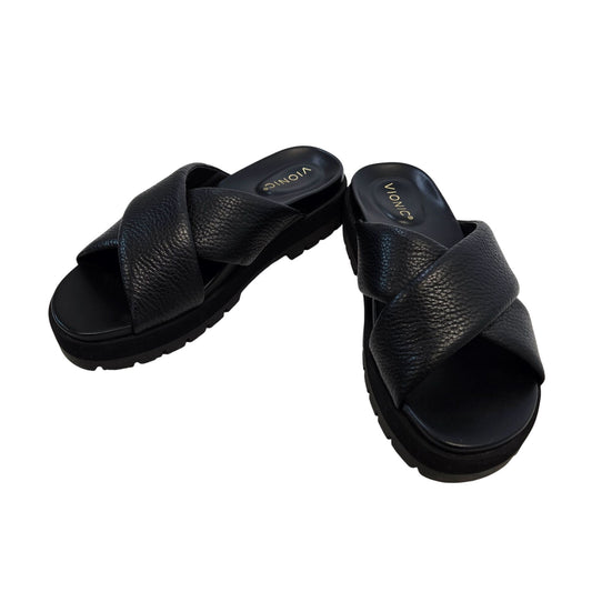 Vionic Vesta Black Leather Criss Cross Lug Sole Slides Size 9