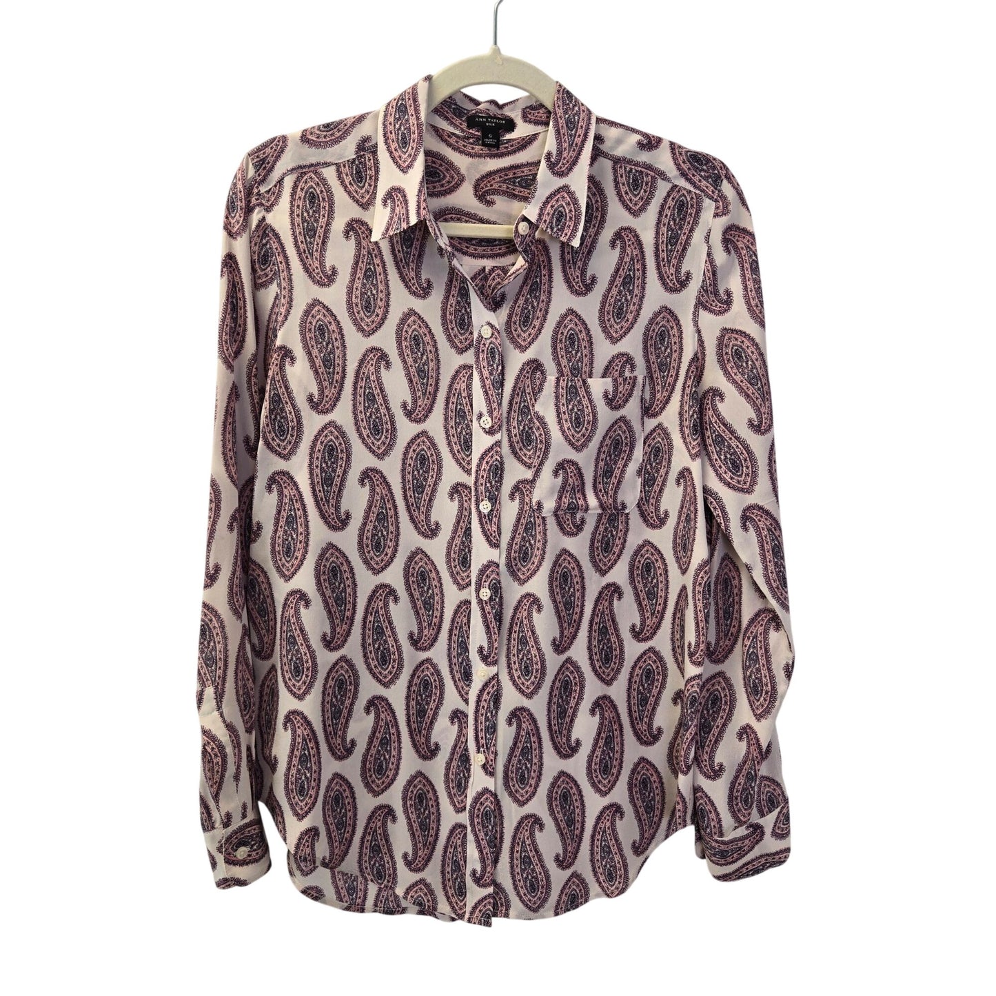 Ann Taylor 100% Silk Paisley Print Button Down Blouse Size Small