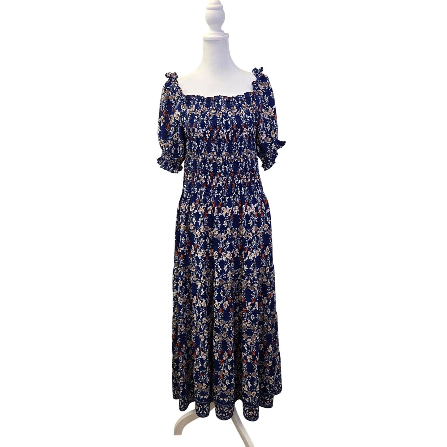 Max Studio Floral Smocked Tiered Hem Boho Maxi Dress Size Large