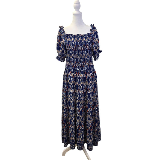 Max Studio Floral Smocked Tiered Hem Boho Maxi Dress Size Large