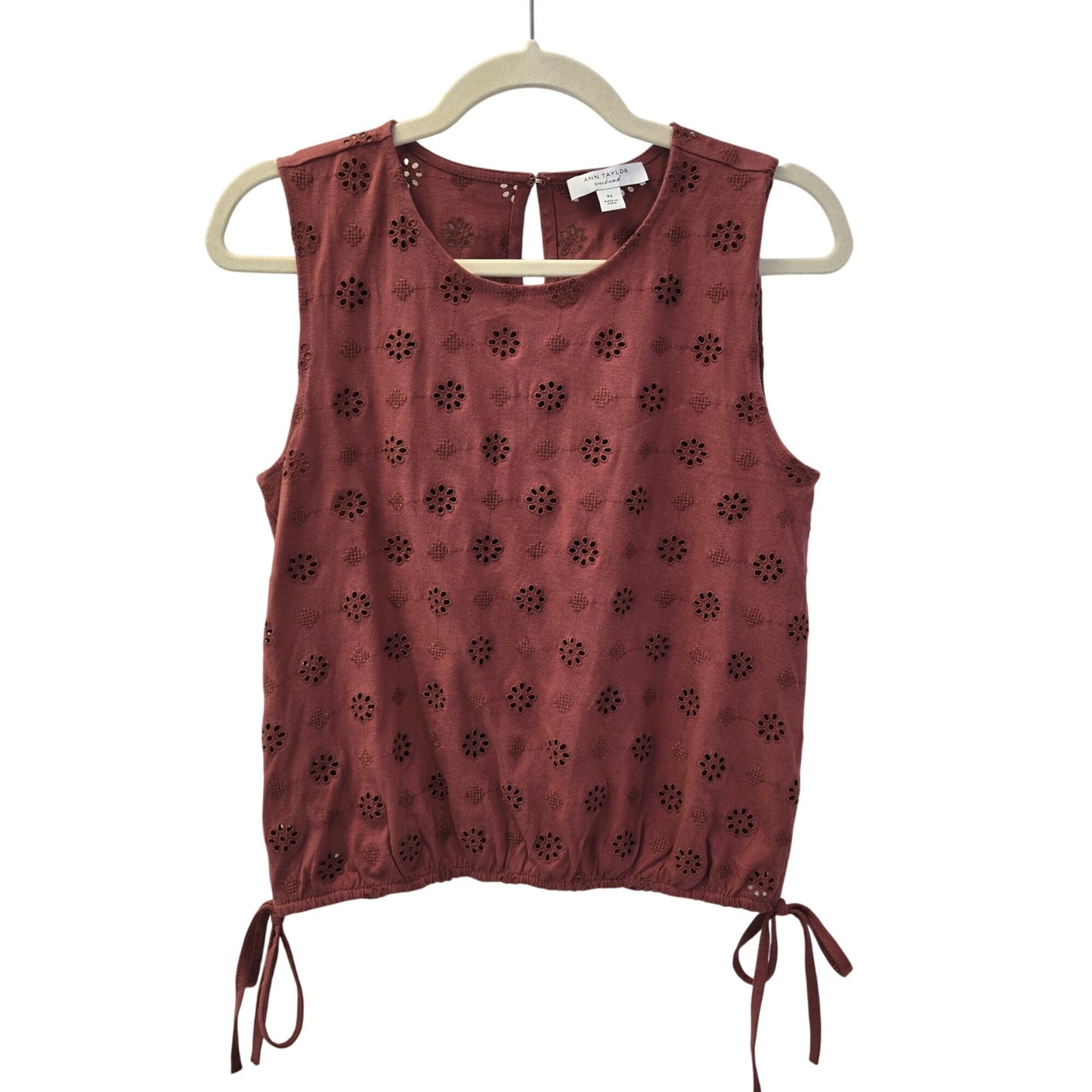 Ann Taylor Weekend Floral Eyelet Tie Waist Top Size XS