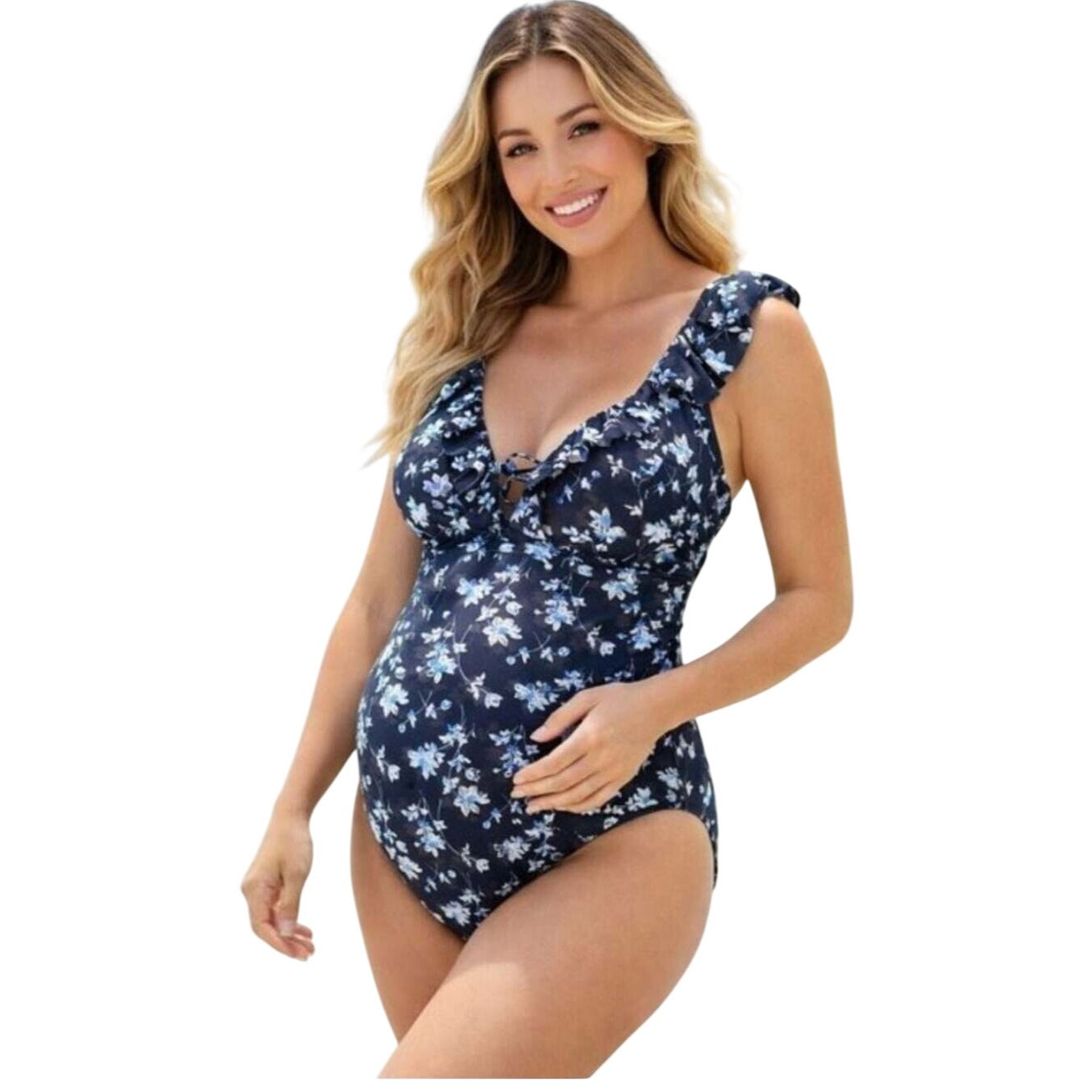 NWT A Pea in the Pod White Floral Ruffled Maternity One-Piece Swimsuit Size Medium