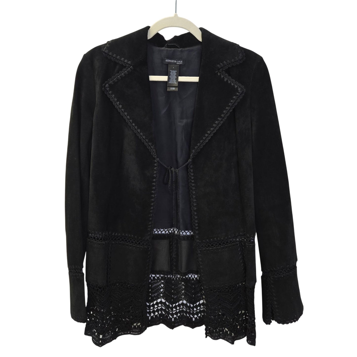 Kenneth Cole 100% Suede Leather Crochet Embellished Hippie Jacket Size 8