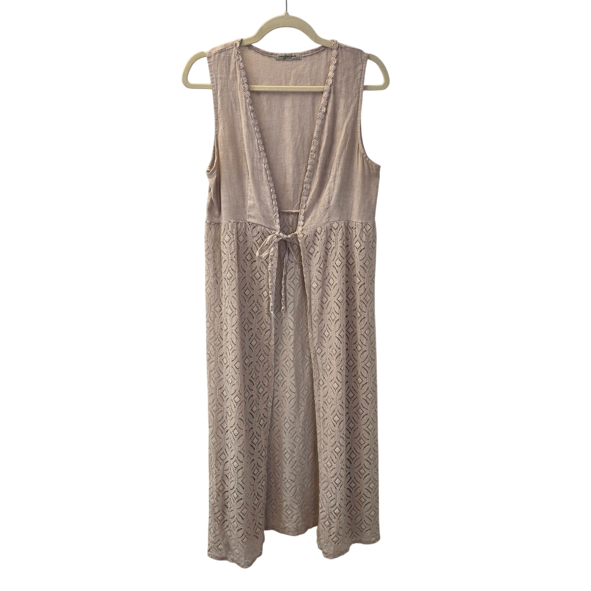 Valentina Naldi Linen Blen Lace Embellished Sleeveless Duster One Size theuntamedthread.com Valentina Naldi Linen Blen Lace Embellished Sleeveless Duster One Size theuntamedthread.com