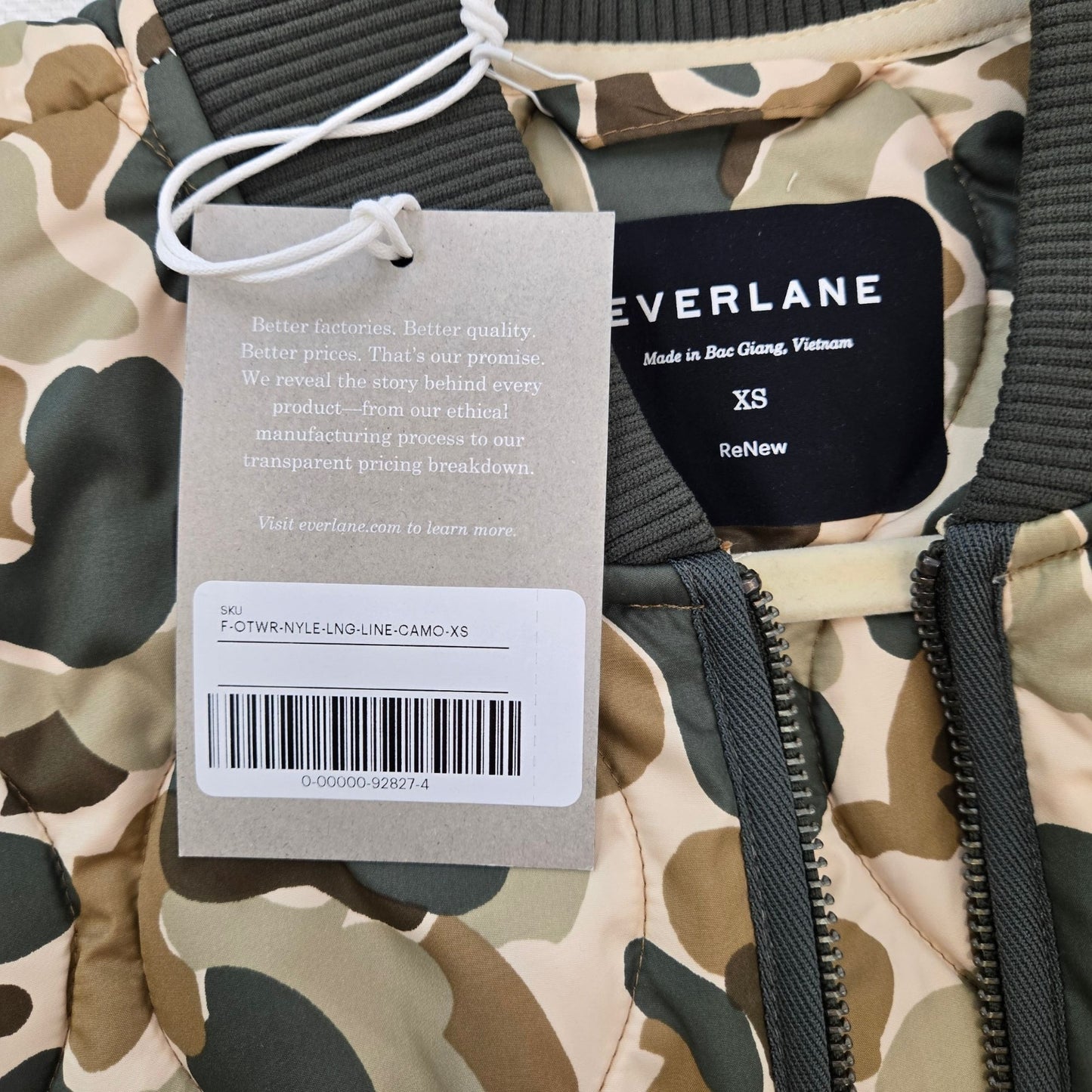 NWT Everlane The ReNew Long Liner Camouflage Full Zip Jacket Size XS