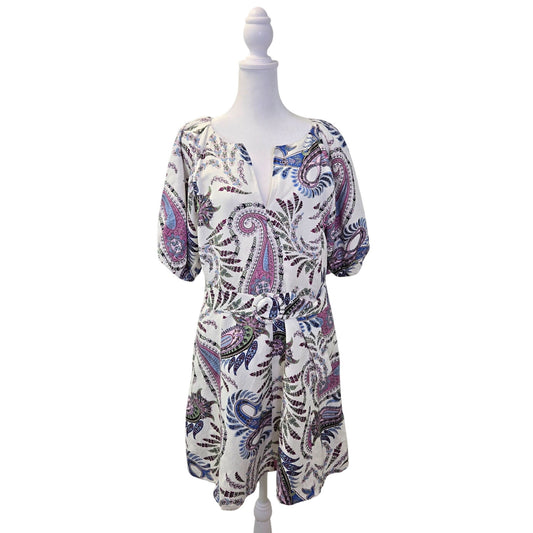 Loft Linen Blend Paisley Print Puff Sleeve Belted Mini Dress Size 8