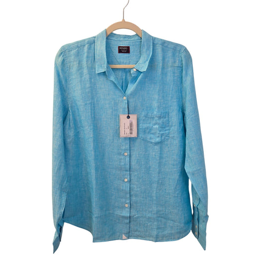 NWT UNTUCKit  Blush-Aqua 100% Linen Long Sleeve Button Down Shirt Size 8