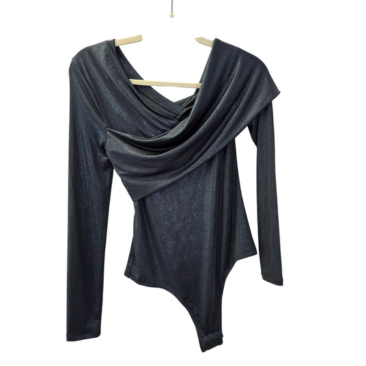 NWT BCBGMaxAzria Blue Metallic Drape Neck Bodysuit Size Small