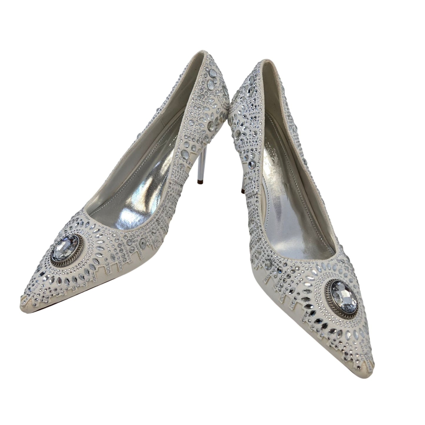 Azalea Wang Alessio Vegan Leather Jewel Embellished Silver Heel Stilettos Size 10