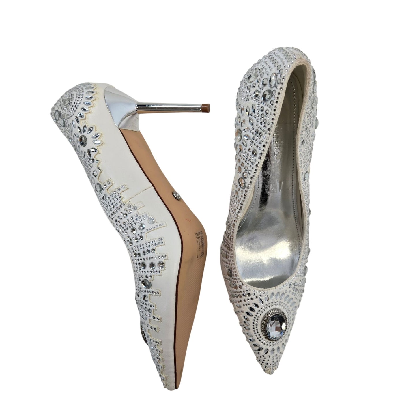 Azalea Wang Alessio Vegan Leather Jewel Embellished Silver Heel Stilettos Size 10