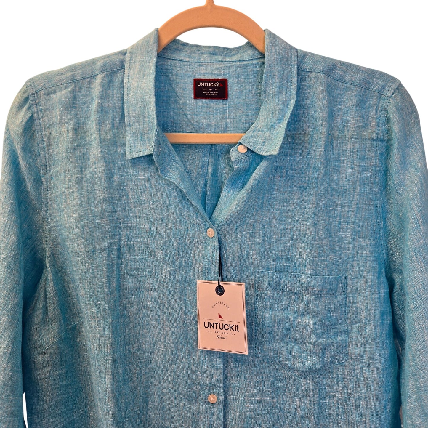 NWT UNTUCKit Blush-Aqua 100% Linen Long Sleeve Button Down Shirt Size 10