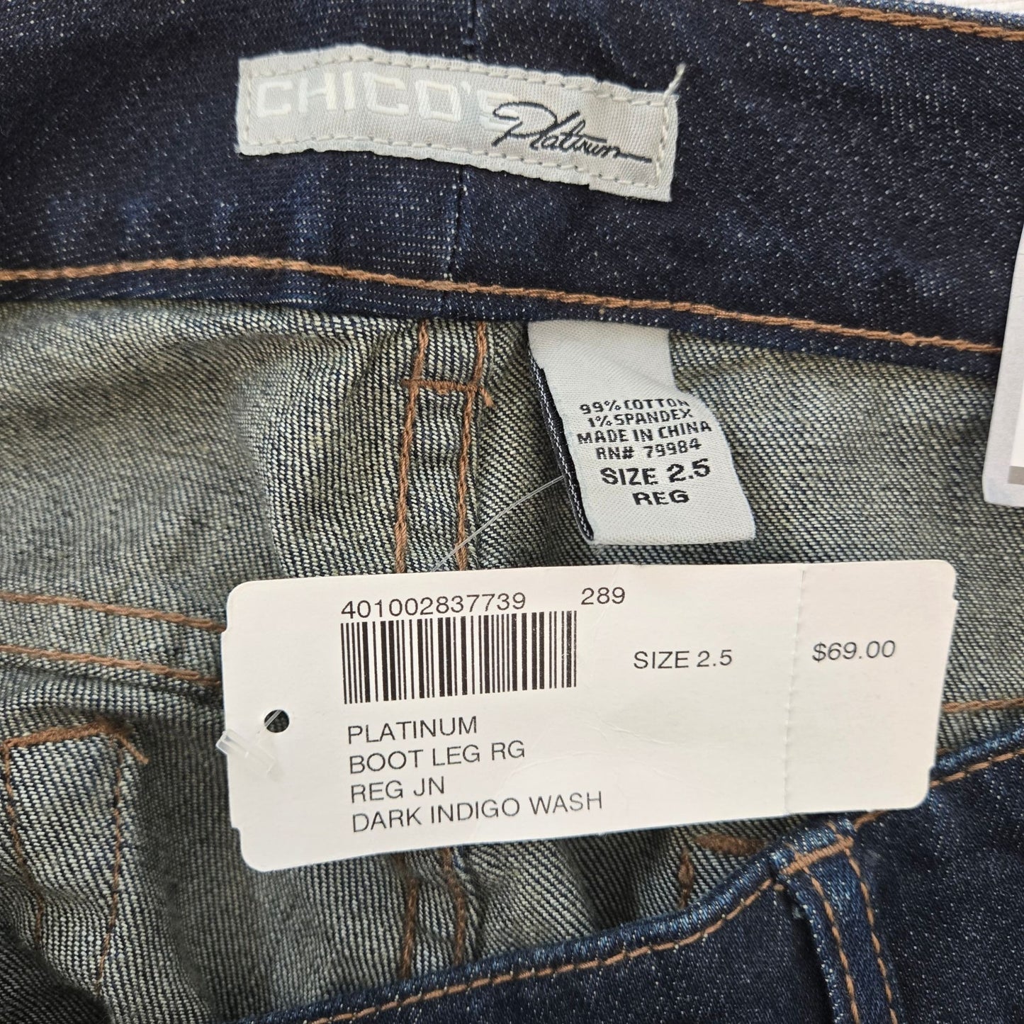 NWT Chico's Platinum Boot Leg Dark Indigo Wash Jeans Size 2.5/Size 14