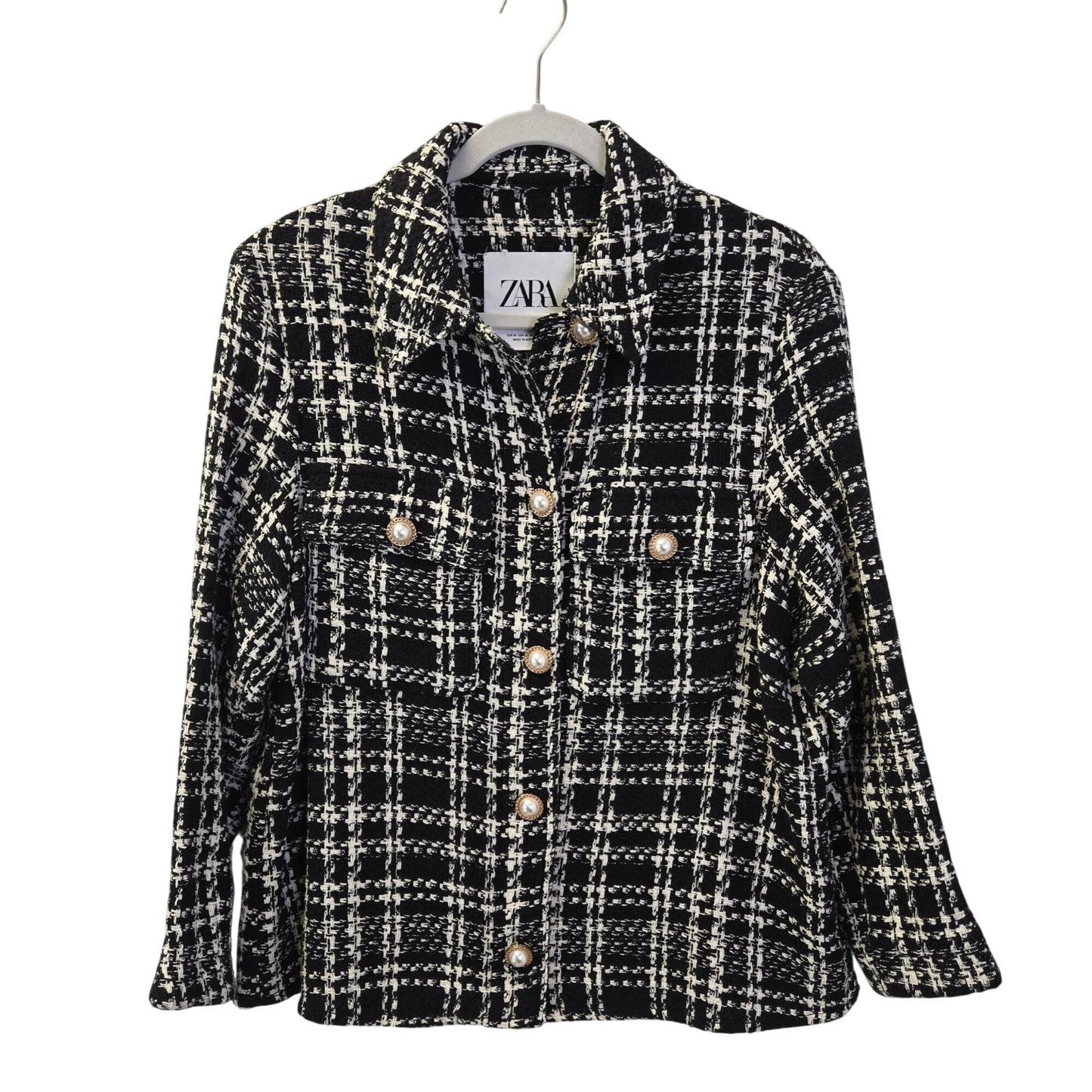 Zara Tweed Cotton Blend Pearlized Button Closure Shacket Size Medium
