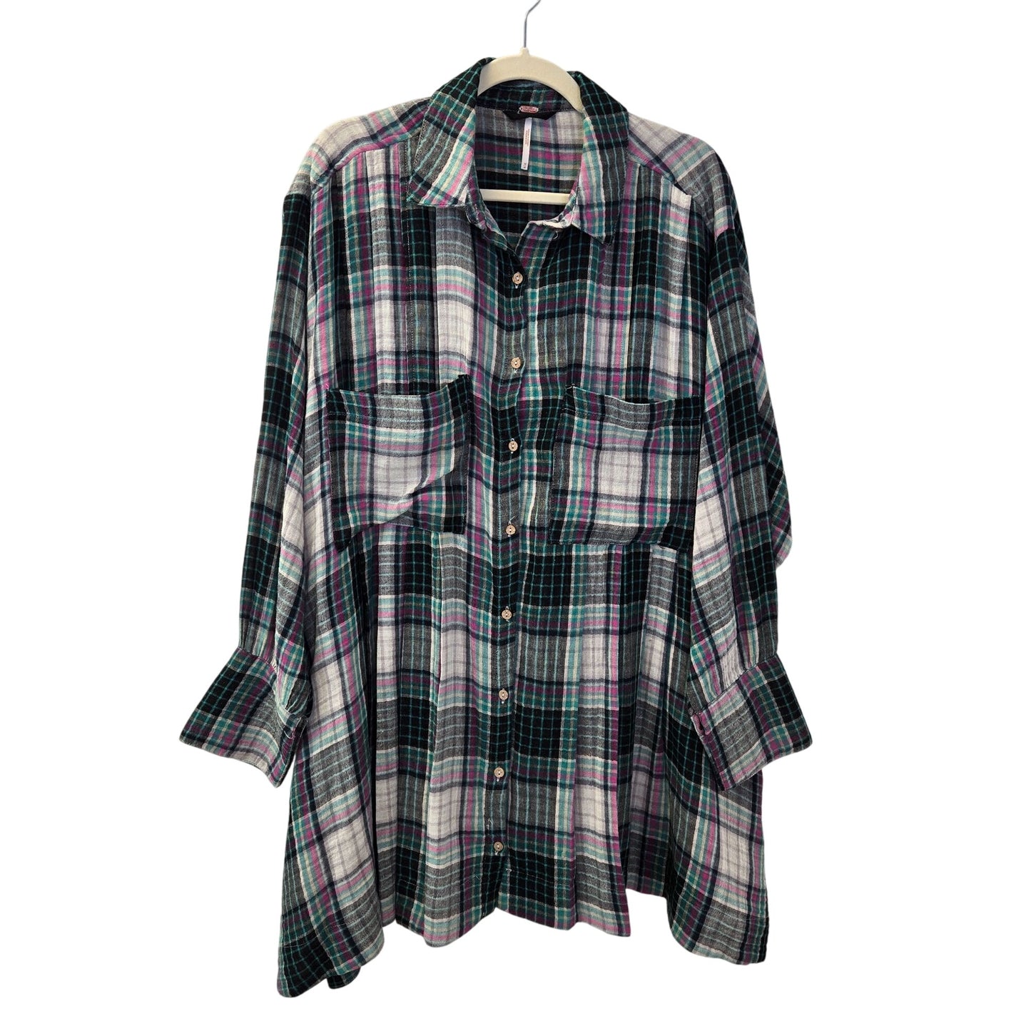 Free People Voyager Plaid Gauzy Button Down Shirt Dress Size Medium
