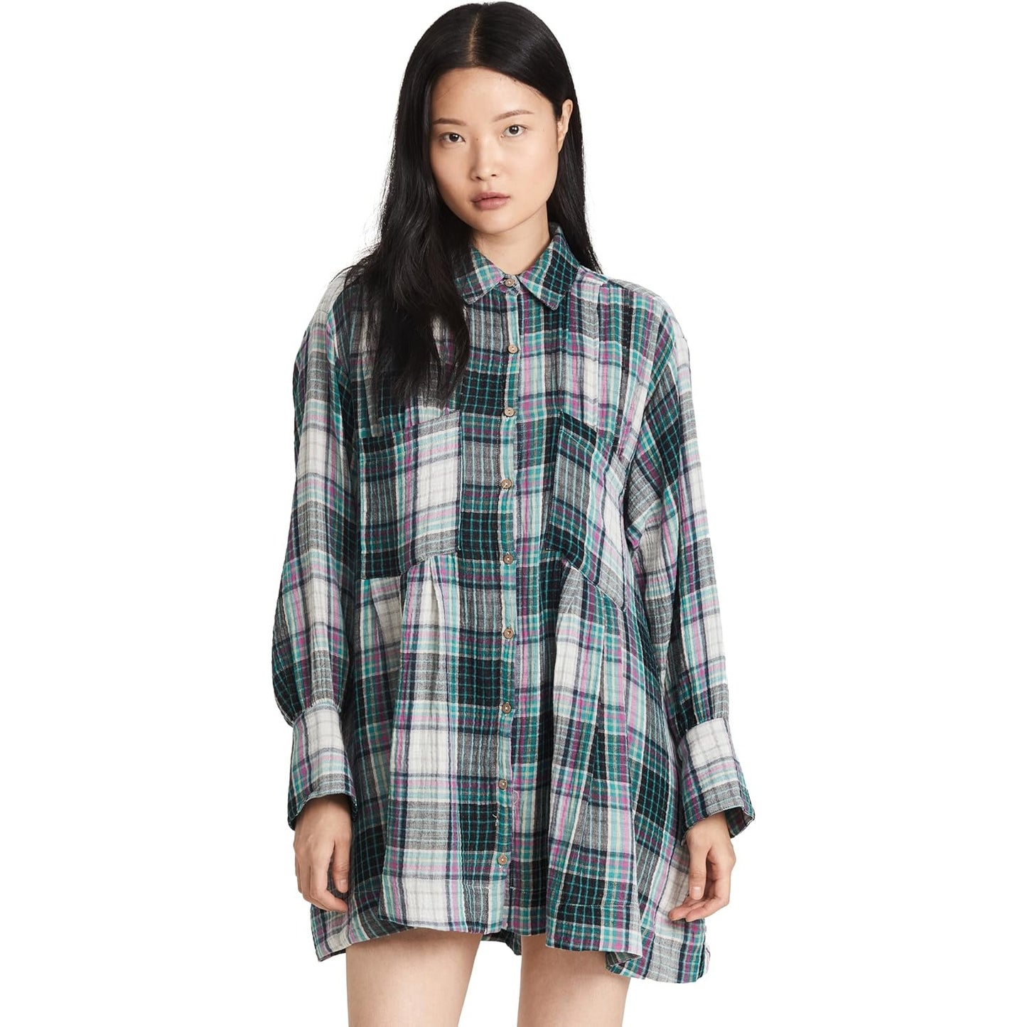 Free People Voyager Plaid Gauzy Button Down Shirt Dress Size Medium