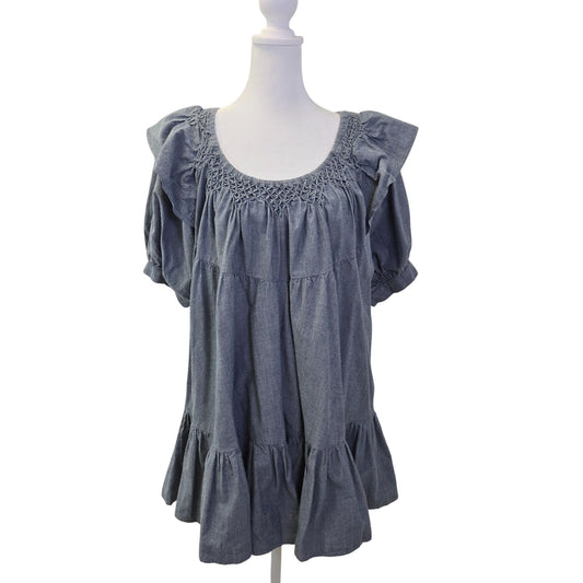 Free People Amelie Chambray Ruffle Hem Puff Sleeve Mini Dress Size Small