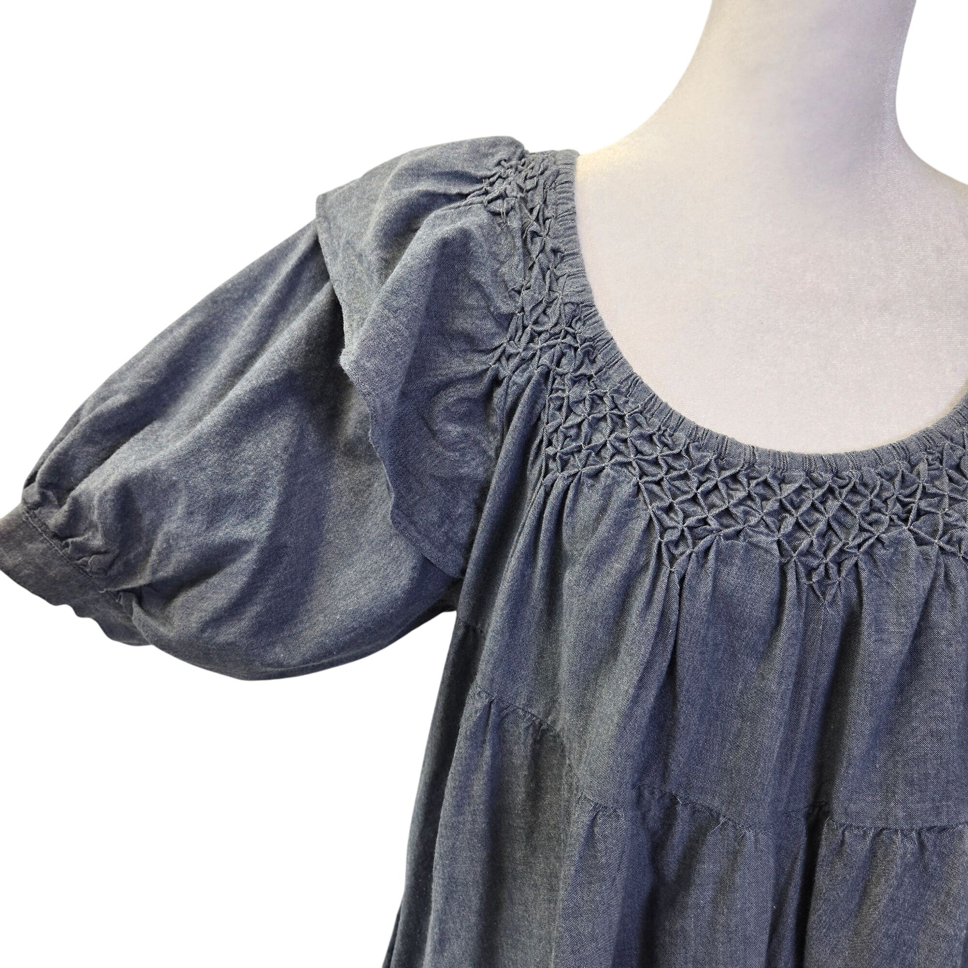 Free People Amelie Chambray Ruffle Hem Puff Sleeve Mini Dress Size Small Free People Amelie Chambray Ruffle Hem Puff Sleeve Mini Dress Size Small
