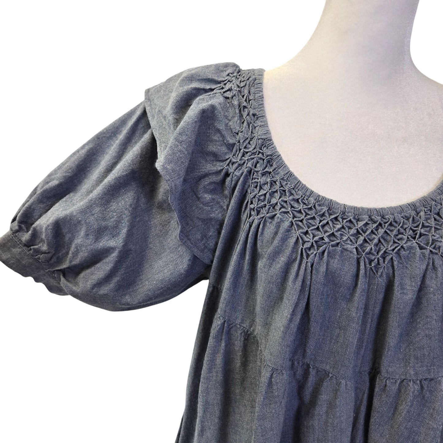 Free People Amelie Chambray Ruffle Hem Puff Sleeve Mini Dress Size Small