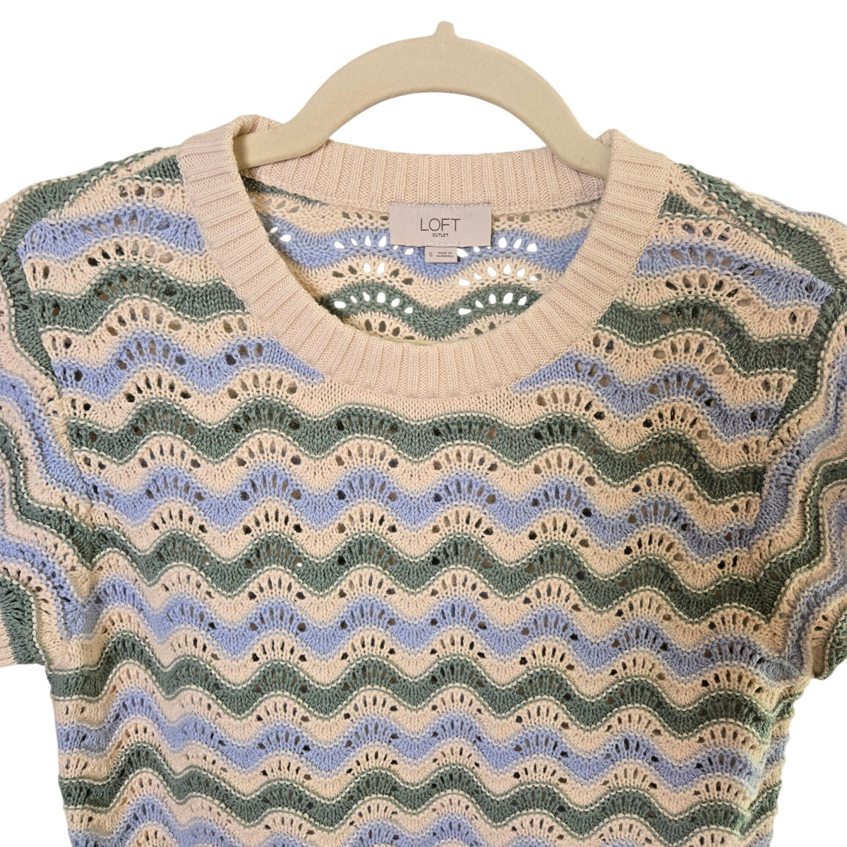 NWOT Loft Outlet Wavy Striped Open Knit Short Sleeve Sweater Size Small