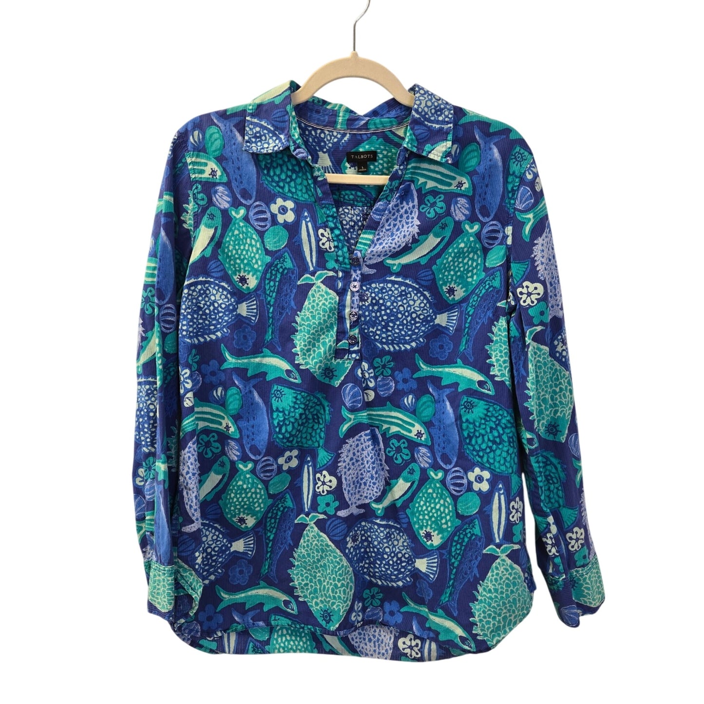 Talbots Fish Print Half Button Textured Popover Blouse Size Large