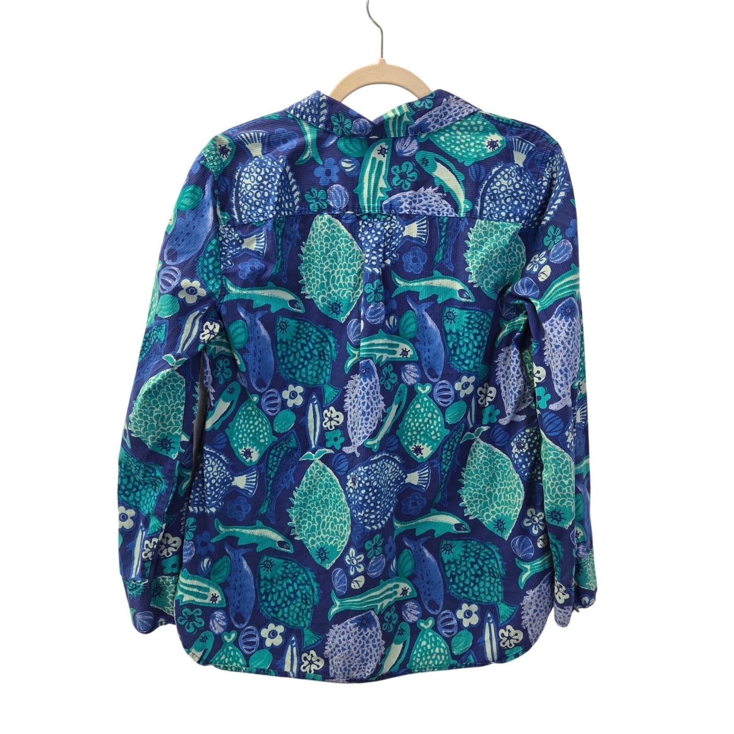 Talbots Fish Print Half Button Textured Popover Blouse Size Large