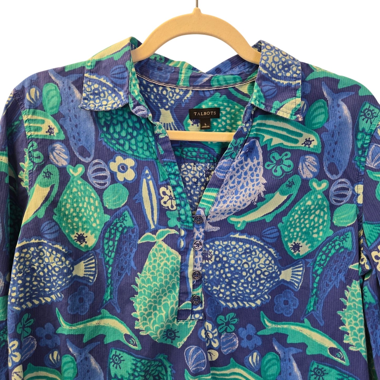 Talbots Fish Print Half Button Textured Popover Blouse Size Large