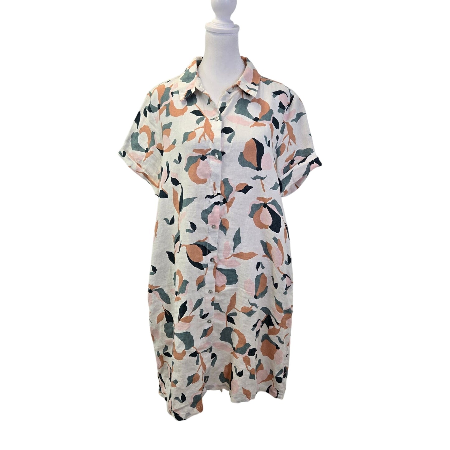 Rachel Zoe 100% Linen Floral Short Sleeve Shirt Dress Size Large