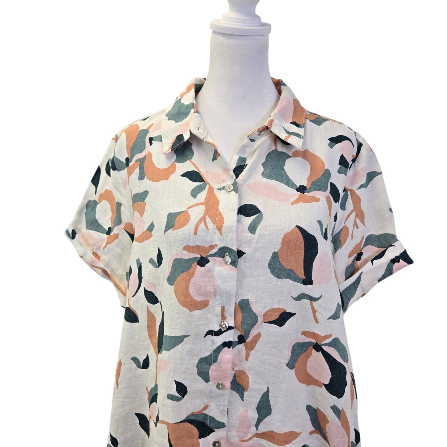Rachel Zoe 100% Linen Floral Short Sleeve Shirt Dress Size Large
