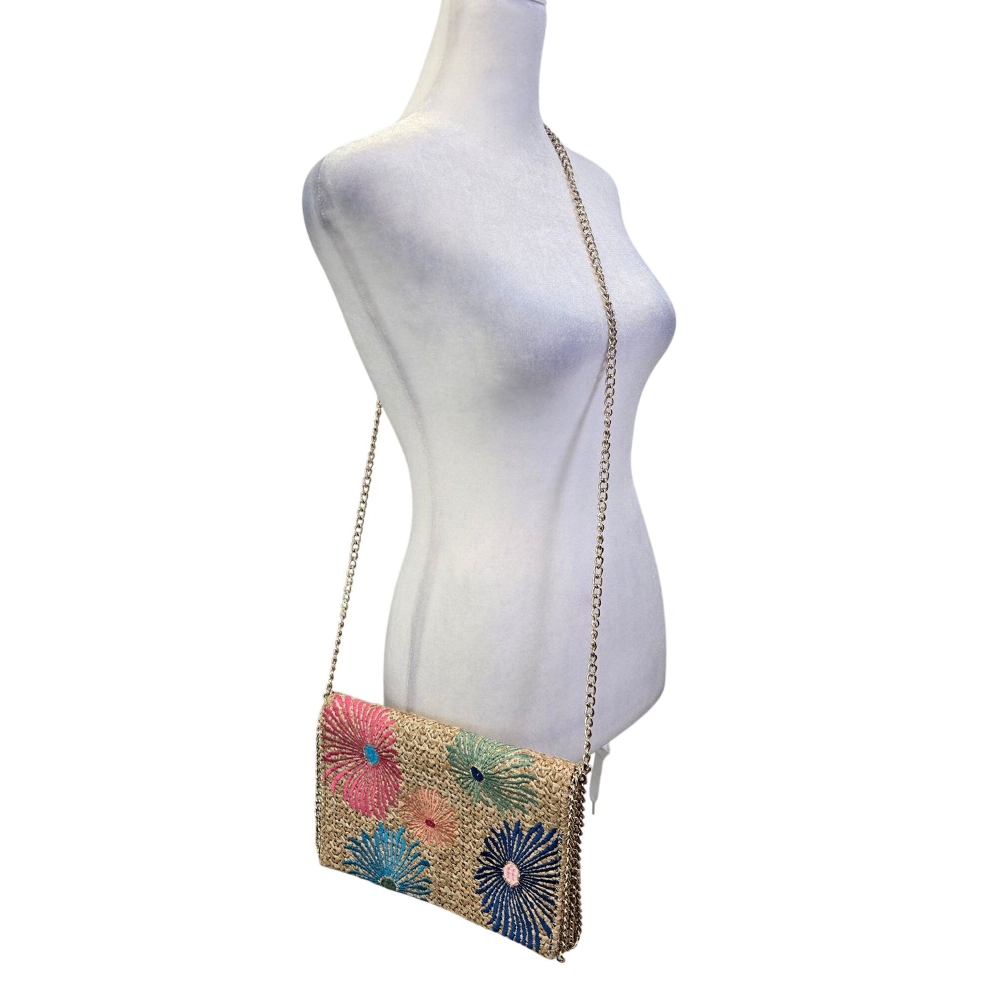 Chelsea28 Embroidered Straw Crossbody Bag with Chain Strap