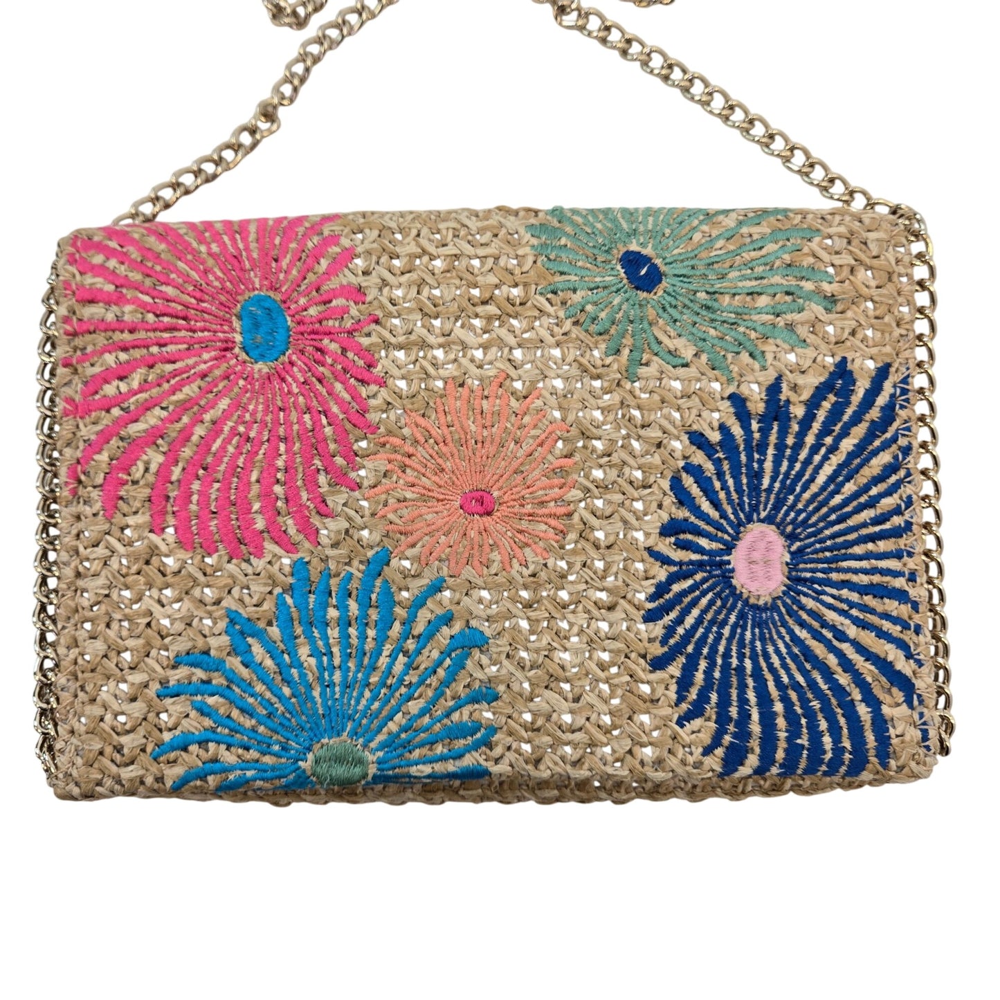 Chelsea28 Embroidered Straw Crossbody Bag with Chain Strap