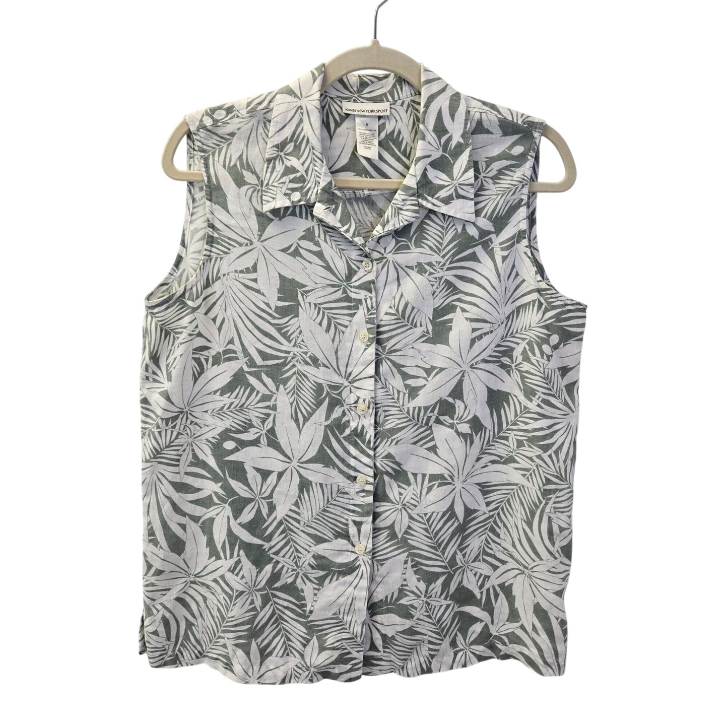 Jones New York Sport 100% Linen Tropical Print Button Down Shirt Size 8
