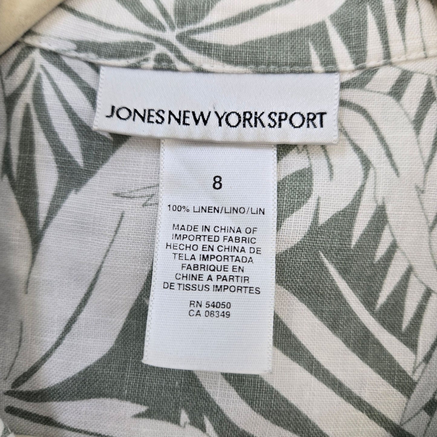 Jones New York Sport 100% Linen Tropical Print Button Down Shirt Size 8